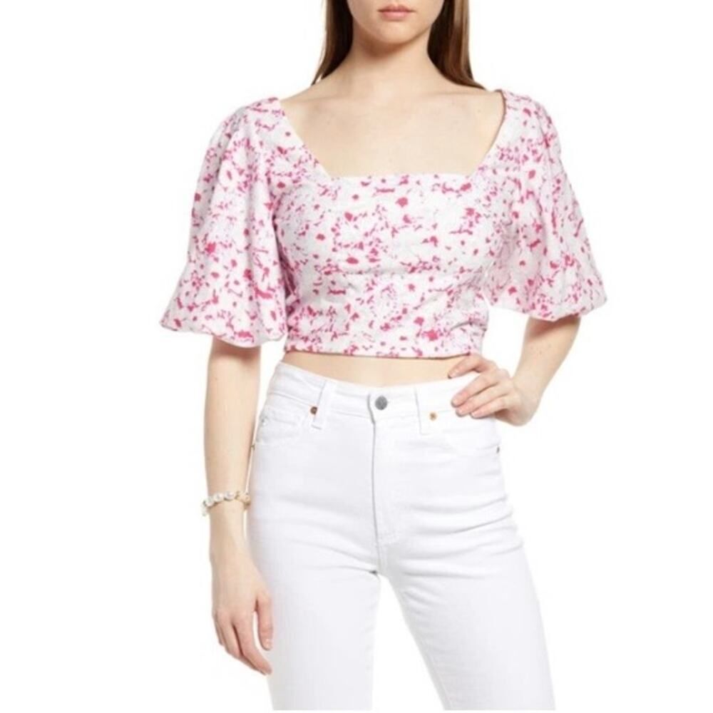 Open Edit White Pink Puff Sleeve Linen Blend Crop Top Women's Size XXS NWT